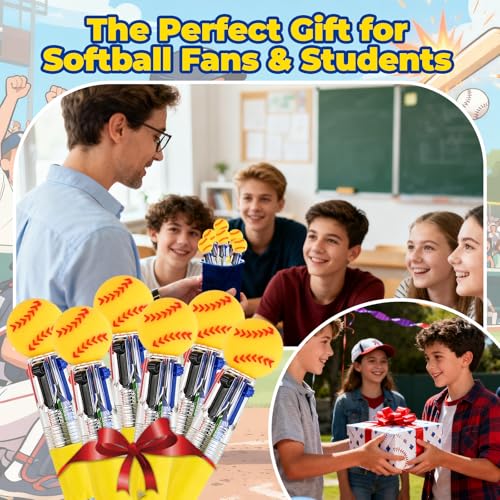 Softball Party Favors Softball Pens Mini Multicolor Pen in One Cute Fun 4-in-1 Pens Bulk Cool Ballpoint Pen for Birthday Gifts Teacher Supplies (Softball, 24) - style: Softball