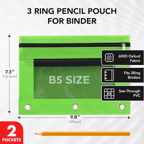 3 Ring Pencil Pouch for Binder, 2-Pocket Zipper Pencil Case with Clear Window & Mesh Pocket, 600D Oxford Fabric Binder Pouch for School Office Supplies, Fits Standard 3-Ring Binders, Green - color: Green