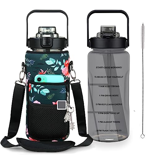 Half Gallon Water Bottle with Sleeve, 64OZ Motivational Water Bottle | Water Jug with Straw, Time Marker, BPA Free, Leakproof, Gym Water Bottle for Sport Workout - color: Black Rose
