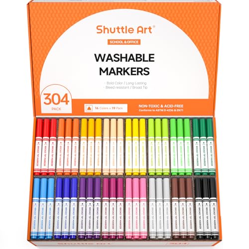 Shuttle Art 304 Pack Washable Markers, 16 Assorted Colors Broad Line Conical Tip Large Markers Bulk with a Box, Bonus Caps, Home Classroom School Supplies for Toddlers Kids Adults Students Teachers - color: 19 Each of 16 Colors
