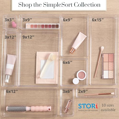 STORi SimpleSort 6-Piece Stackable Clear Drawer Organizer Set | 12" x 3" x 2" Rectangle Trays | Narrow Makeup Vanity Storage Bins and Office Desk Drawer Dividers | Made in USA - size: 12x3x2" (Set of 6)