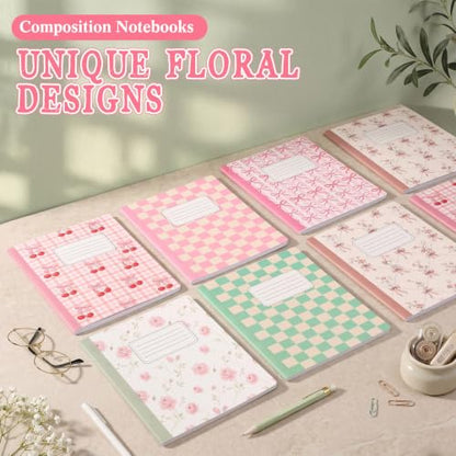 MotiMind 12 Pack Composition Notebooks Back to School Coquette College Ruled Lined 120 Pages Floral Bow Plaid Cherry Composition Books for First Day of School Women Student Supplies, 9.75 x 7.5in