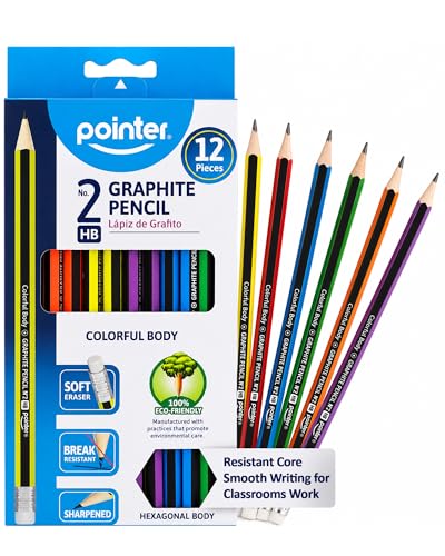 Pointer Wooden Pencils Pre-Sharpened HB Graphite Colorful Assorted Bodies, Hexagonal Grip for Comfortable Use with Soft Erasers Strong Break-Resistant Core Smooth Writing for Classrooms Work - 12Pcs