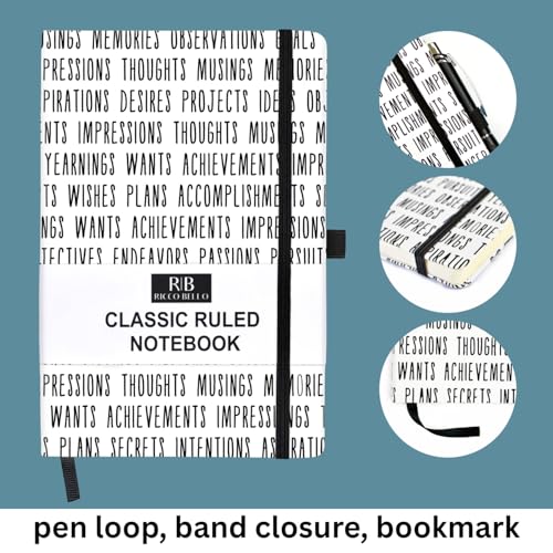 RICCO BELLO Lined Journal Notebook, Goals, Hardcover, 5.7 x 8.4-Inches | 96 Sheets / 192 Pages, College Ruled, Pen Holder, For Work & Notes - color: BNWGoals