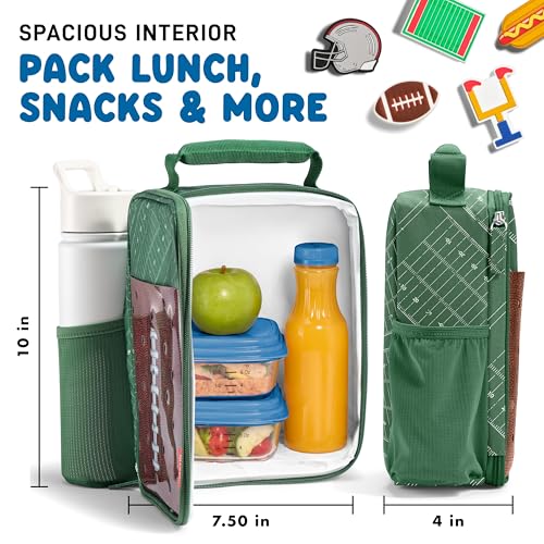 Fit & Fresh Customizable Charm Lunch Bag for Boys & Girls, Football Kids Lunch Box with 6 Sports Charms, Premium Insulated Reusable Lunch Tote for School - color: Green Football