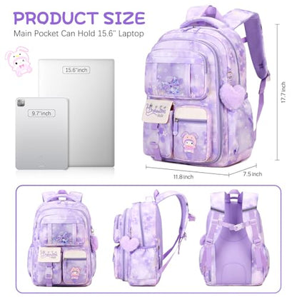 Jafeton Backpacks for Girls, Girls Backpack with Insulated Lunch Bag and Pencil Case for Kids Teens Elementary Middle High School Student, Cute Bow School Bag Travel Daypacks Book Bag Set - color: Purple
