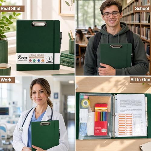 3 Ring Binder 2 Inch, BVSSX Three Ring Binders Organizer with Clipboard, Plastic Folder, 5-Tabs Pocket Dividers with Sticker Labels, Pen Loop, Elastic Strap (Green, Letter Size) - color: 03-green, size: 2in（Letter Size）