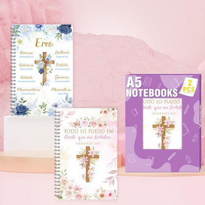 Xqumoi 2 Pack A5 Spanish Christian Spiral Notebooks - Floral Cross Religious Bible Verse Ruled Journal Writing Notebooks Inspirational Gift for Women Christmas Back to School Office Supplies - style: K-Spanish Christian