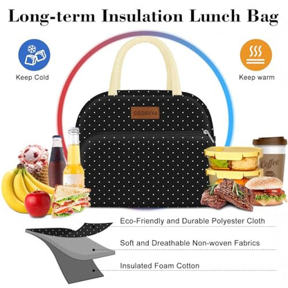 Coobiiya Lunch Bag Women,Lunch Box LunchBag for Women Adult Men, Small Leakproof Cute Lunch Tote Large Capacity Reusable Insulated Cooler Lunch Container for Work/Office/Picnic/Travel-Black Polka Dot - color: Dot