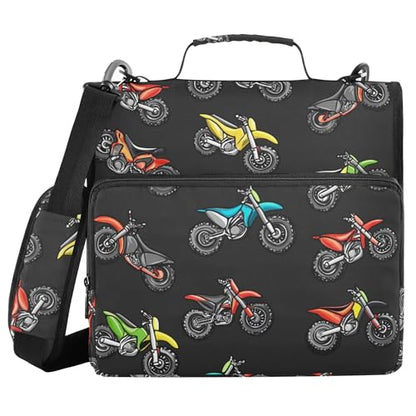 Fisyme Motocross Dirt Bike Black Zipper Binder 3 Ring with Zipper and Shoulder Strap Large Capacity Multi-Pocket Binder Organizer - color: Multi-cute Black