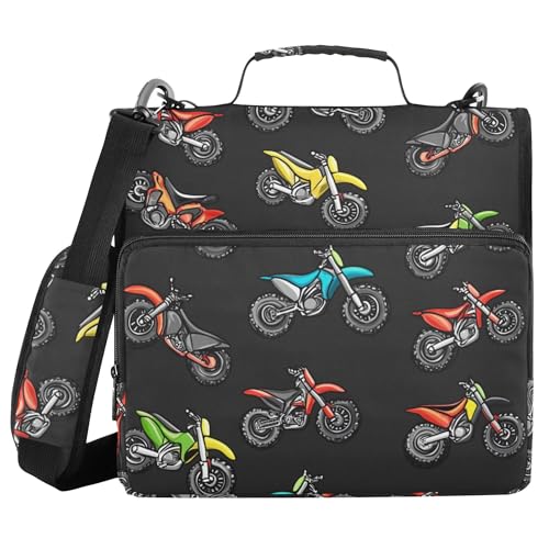 Fisyme Motocross Dirt Bike Black Zipper Binder 3 Ring with Zipper and Shoulder Strap Large Capacity Multi-Pocket Binder Organizer - color: Multi-cute Black