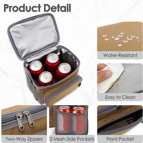 FlowFly Insulated Reusable Lunch Bag Adult Large Lunch Box for Women and Men with Adjustable Shoulder Strap,Front Zipper Pocket and Dual Large Mesh Side Pockets,Brown - color: Brown