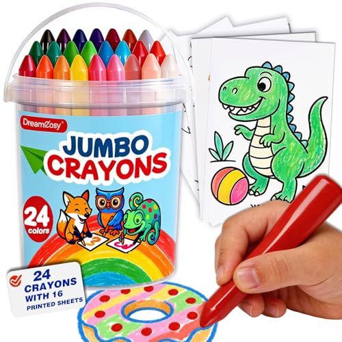 Triangle Crayons for Toddlers 1-3, 24 Colors Fat Washable Crayons with 16 Free Coloring Sheets, Non-Toxic Easy-Grip for Kids Ages 2-4 4-8, Safe Art Supplies for Boys Girls