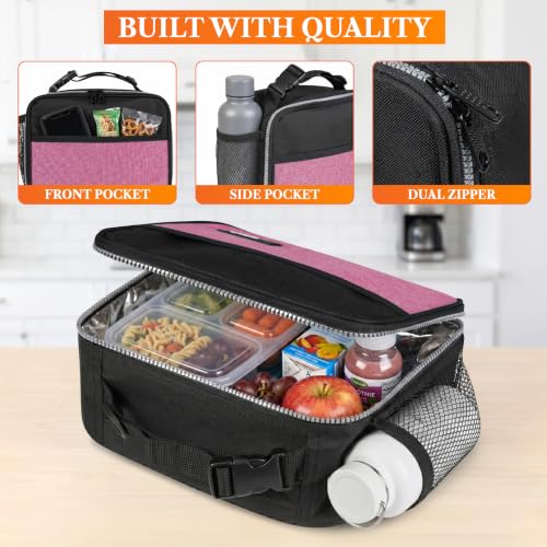 opux Insulated Lunch Bag for Kids, Reusable Lunch Box for School with Leakproof Lining, Compact Soft Cooler Tote for Boys & Girls, Front Pocket, Mesh Side Bottle Holder (Heather Pink) - color: Heather Pink