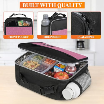 opux Insulated Lunch Bag for Kids, Reusable Lunch Box for School with Leakproof Lining, Compact Soft Cooler Tote for Boys & Girls, Front Pocket, Mesh Side Bottle Holder (Heather Pink) - color: Heather Pink