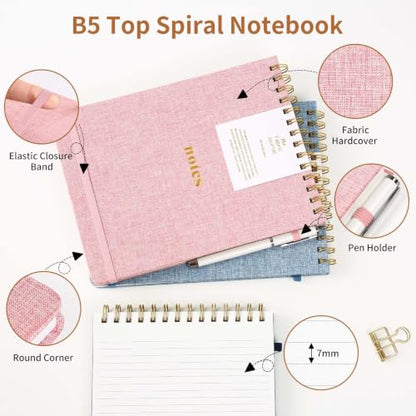B5 Top Spiral Notebook, Fabric Hardcover Steno Pads | College Ruled Journal, Elastic Band & Pen Holder, 100GSM Paper, 192 Lined Pages for School, Travel, Daily Writing (Pink) - color: Pink, size: B5-Steno Pads-192pages