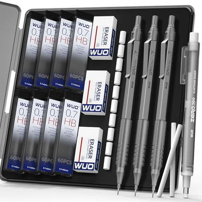 WUO 0.7mm Mechanical Pencil Set, 3 Grey Metal Drafting Pencils with 480 HB Lead Refills, Precision Eraser Pen, 4B Erasers & Case, Mechanical Pencils for Writing, Drawing, Sketching & School - color: Grey, size: 0.7