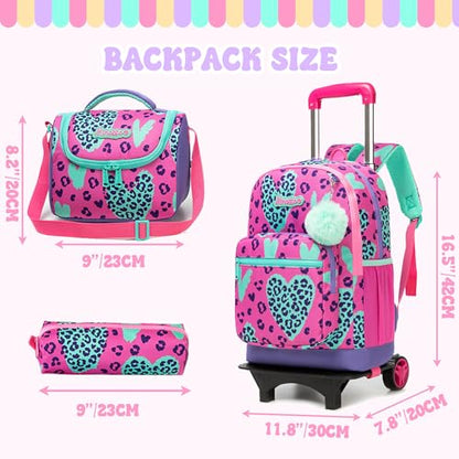 Girls Rolling Backpack for School Backpack with Wheels for Girls with Lunch Bag Cute Carry On Backpacks for Elementary Student - color: Purple Love