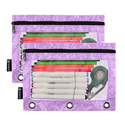 Personalized Pencil Pouch for 3 Ring Binder Lilac Shiny Glitter Custom Pencil Pouches Case Binder Cosmetic Bag 2 Pack for Office School College Supplies - color: Lilac Shiny Glitter
