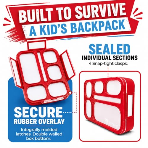 kinsho Bento Box Kids Lunch-Box, Snack Containers for Toddler Daycare, Leakproof School Bentobox 6 Compartment Container for Boys Girls Adults Lunches, Utensils, Red - color: Red