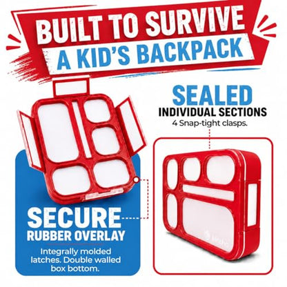 kinsho Bento Box Kids Lunch-Box, Snack Containers for Toddler Daycare, Leakproof School Bentobox 6 Compartment Container for Boys Girls Adults Lunches, Utensils, Red - color: Red