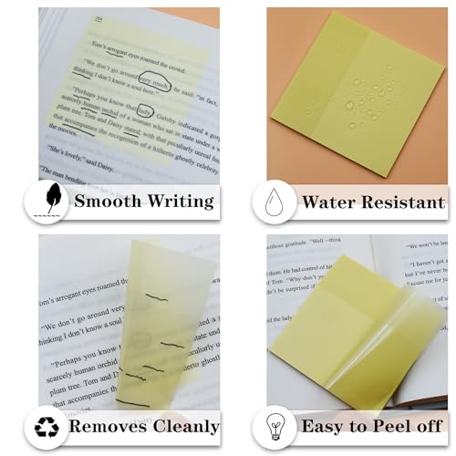 YOUDEFUL Transparent Sticky Notes, 3"x3" Clear Sticky Notes, Waterproof Translucent Sticky Note Pads for Books Annotation, Clear Post it Notes for Bible Journaling Study, School Office Supplies - size: Square Yellow