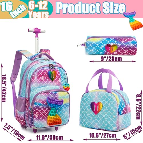 Mermaid Rolling Backpack for Girls Kids Wheels Backpacks for Elementary Student Wheeled Trolley Trip Luggage for Teen Girls with Lunch Box Pencil Case - color: 01 Mermaid