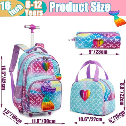 Mermaid Rolling Backpack for Girls Kids Wheels Backpacks for Elementary Student Wheeled Trolley Trip Luggage for Teen Girls with Lunch Box Pencil Case - color: 01 Mermaid