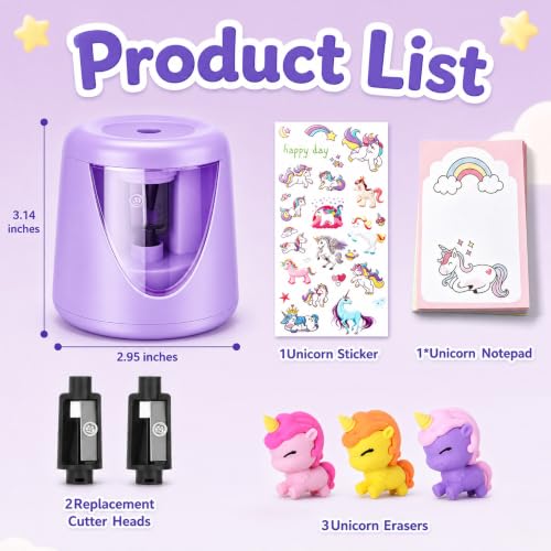 homicozy Electric Pencil Sharpeners for Kids, Cute Small Pencil Sharpener for Home Classroom, Battery Pencil Sharpener Electric Plug in, with Erasers DIY Stickers Note Pad (Purple Battery) - color: Purple Battery