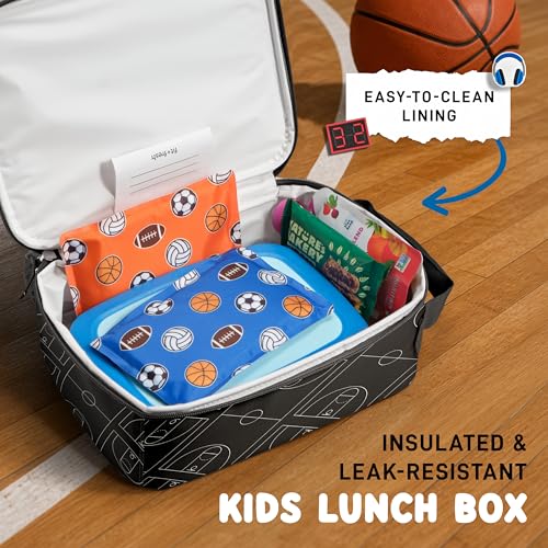 Fit & Fresh Customizable Charm Lunch Bag for Boys & Girls, Basketball Kids Lunch Box with 6 Sports Charms, Premium Insulated Reusable Lunch Tote for School - color: Midnight Hoops