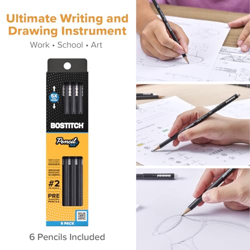Bostitch, Wood-Cased Pencil Plus, Retractable Eraser, American Cedar Wood, #2 HB, Round, Matte Black, Pre-sharpened, Six Pack - size: Six pack