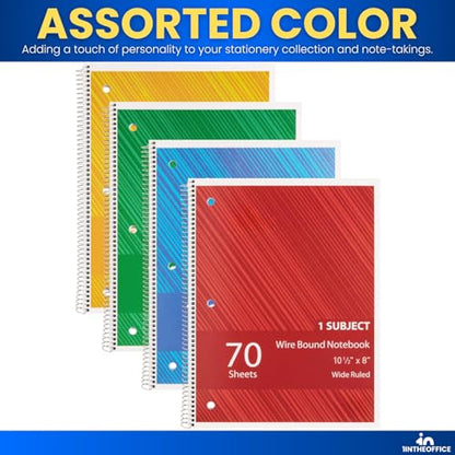 1InTheOffice Spiral Notebook 8.5x11 Wide Ruled, 1-Subject Notebooks, Wirebound Spiral Notebooks, 3-Hole Punched, 70 Sheets, Assorted Colors, 4 Pack