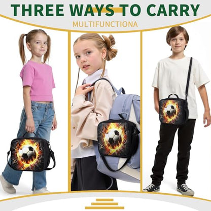Soccer Lunch Box Fire Football Out of Wall Kids Lunch Bag With Shoulder Strap for Boys Girls Durable Insulated Lunch Cooler Bag Thermal Meal Tote for School Picnic Black - color: A-Soccer Fire