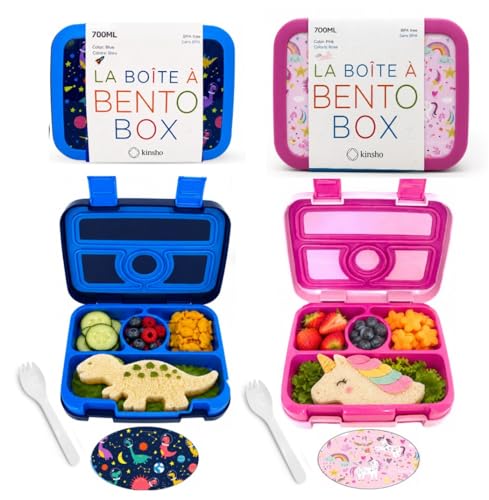 Bento Box Lunch Boxes for Kids Boys Girls, Snack Containers for Toddler Daycare, Pre-School Lunches, 4 Divided Compartments, Pink Unicorn + Blue Space Dinosaur 2 pack - color: Unicorn + Dinosaur Bentos