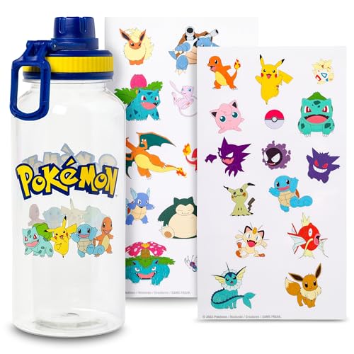 Silver Buffalo Pokémon Pikachu Jigglypuff, Plastic Water Bottle, 32oz | Bulbasaur, Charmander, Squirtle, Eevee, Meowth, Wartortle Twist Spout, Sticker Set, You Stick Yourself, Snorlax, Charizard - color: Pokemon Indigo League