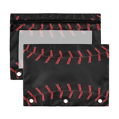 Kcldeci Pencil Pouch for 3 Ring Binder, Baseball Pattern Black 2 Pack Binder Pencil Pouch with Clear Window Pencil Bags with Zipper Pencil Case for Binder - color: A03