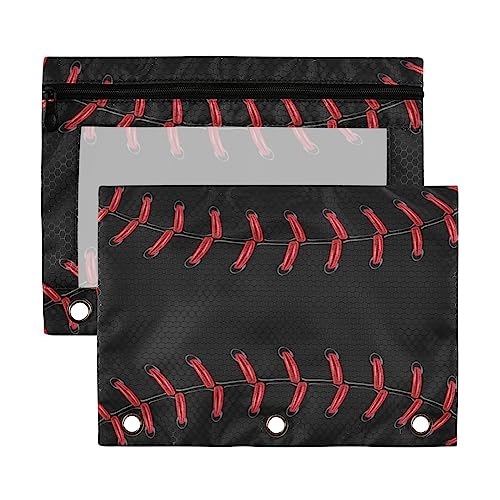 Kcldeci Pencil Pouch for 3 Ring Binder, Baseball Pattern Black 2 Pack Binder Pencil Pouch with Clear Window Pencil Bags with Zipper Pencil Case for Binder - color: A03