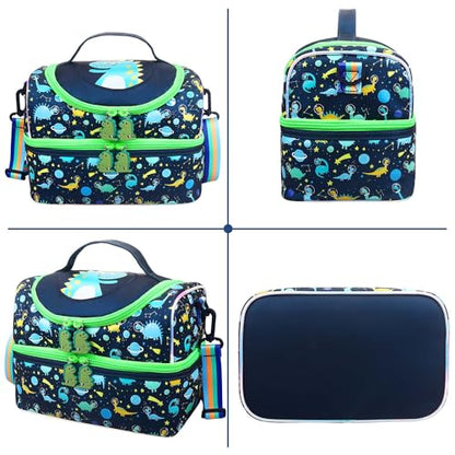 RHCPFOVR Kids Lunch Bag - Double - Decker Cooler Insulated Lunch Box for Boys Girls,Washable Lunch Bag with Strap and Reusable Toddler Lunchbox for School and Daycare - color: Dark Blue Dinosaur