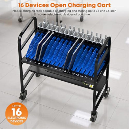 16-Device Laptop and Tablet Charging Station, Open Charging Cart with Cord Charger Management, Grounding Protection - Chromebook Organizer for Classroom, Office and Libraries - size: 16 Devices