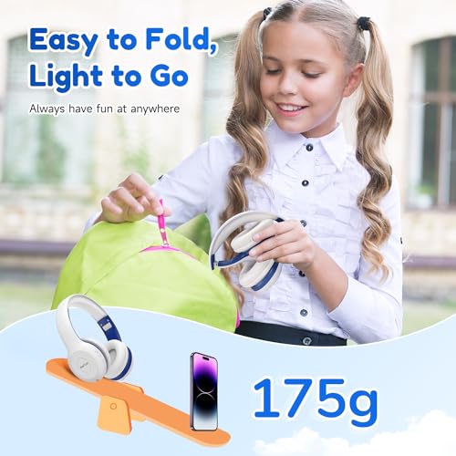 EarFun K2 Kids Bluetooth Headphones, Kids Headphones with Volume Limited, 40H Playtime, Built-in Mic, Stereo Sound, Foldable Over-Ear Headphone for School/Travel/iPad/Tablet, White - color: White