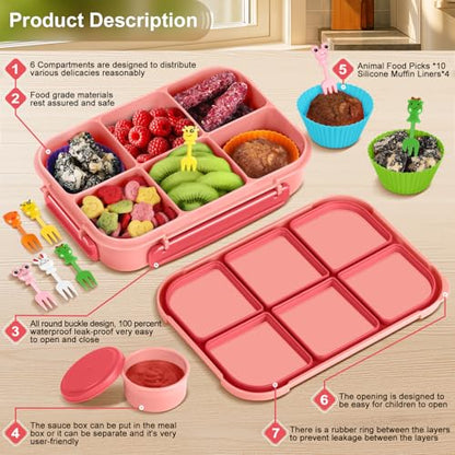 Amathley Lunch Box Kids Girls Boys,Bento Box Adult,Toddler Lunch Containers for School,Leakproof Snack Containers with 6 Compartments,Sauce Container,10 Food Picks and 4 Muffin Cups (Pink) - color: Pink