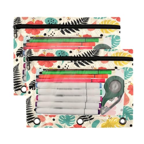 Blueangle Hibiscus Tropical Leaf Pencil Pouch for 3 Ring Binder, 2 Pack Clear Window Zipper Pencil Bags for Office