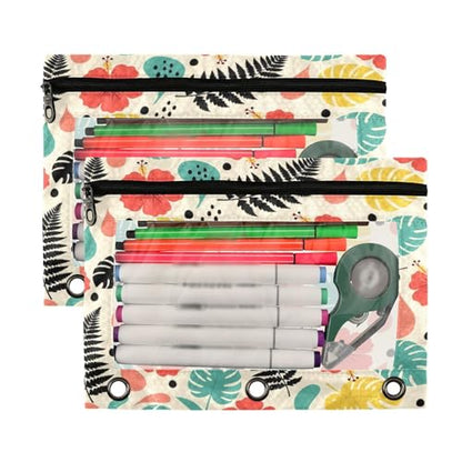 Blueangle Hibiscus Tropical Leaf Pencil Pouch for 3 Ring Binder, 2 Pack Clear Window Zipper Pencil Bags for Office