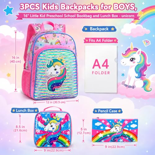 gxtvo 3PCS Girls Backpack, 16" Sequin Prechool Elementary Bookbag and Lunch Box - color: Unicorn Pink