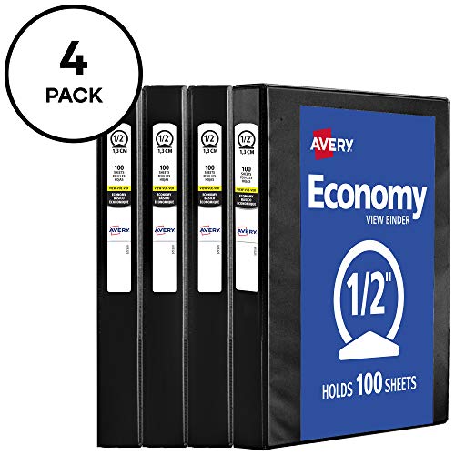 Avery Standard View 3 Ring Binder, 0.5" Round Rings, 100-Sheet Capacity, 0.7 Inch Wide Spine, 1 Black Binder, Ideal for Lightweight Organization and Occasional Referencing (17701) - size: 0.5"