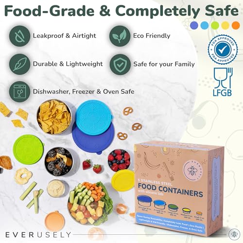 Stainless Steel Food Containers, Metal Lunch Boxes, Set of 5, Summer | Everusely lunch containers feature colorful lids and offer durable utility for snacks, meal prep, and food storage. - color: Summer
