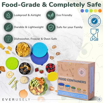 Stainless Steel Food Containers, Metal Lunch Boxes, Set of 5, Summer | Everusely lunch containers feature colorful lids and offer durable utility for snacks, meal prep, and food storage. - color: Summer