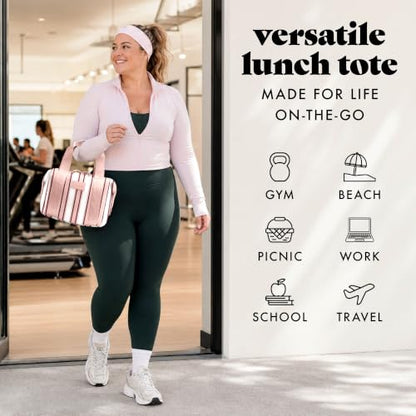 Fit & Fresh Remi Lunch Bag for Women Work – Neoprene Lunch Tote with Containers & Ice Pack, Reusable Meal Prep Lunch Box, Large Capacity, Machine Washable - color: Pink Chunky Stripe