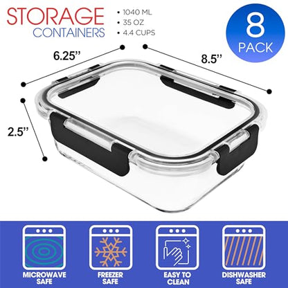 Sorbus 16pc (8 Rectangular 35oz Food Storage Containers and 8 Airtight Lids) – 4.4 Cup Glass Meal Prep Containers, Dishwasher, Freezer, and Oven Safe – Reusable Glass Food Containers for Meal Prep - size: 8 Rectangular