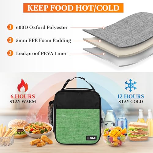 opux Insulated Lunch Bag for Kids Boys Girls, Small Compact Lunch Box with Wide Opening & Mesh Pockets, Reusable Lunch Pail for School, Work, Adults, Men, Women, Heather Green - color: Heather Green